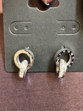 ✅NEW Silver Tone Roman Numeral Hoop Drop Earrings with Clear Crystals